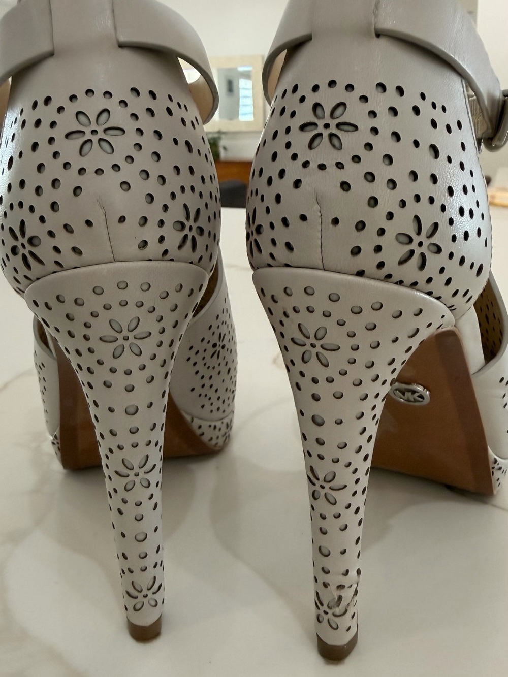 MICHAEL Michael Kors Light Gray Perforated Peep-Toe Ankle Strap Heels - Picture 4 of 7
